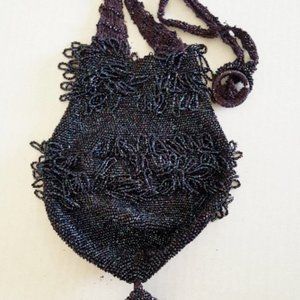Antique ART DECO PURSE Purple Beaded Bag w/ Drawst